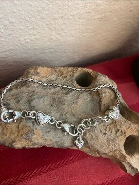 Vintage Brighton Heart Slide Bracelet Braided Wheat Chain Crystal Heart Charms